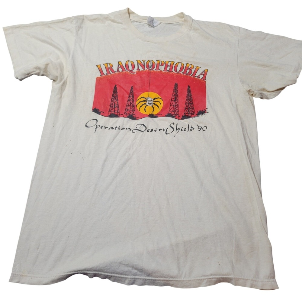 Hanes T-Shirt Mens L Cream Iraqnophobia Operation Desert‎ Shield 90 Vintage USA